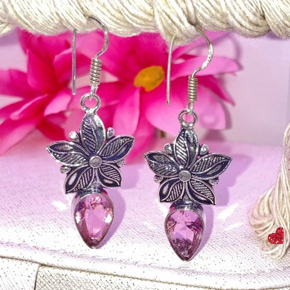 Pretty Pink Kunzite Gemstone Handmade Flower Earrings - Picture 4 of 4